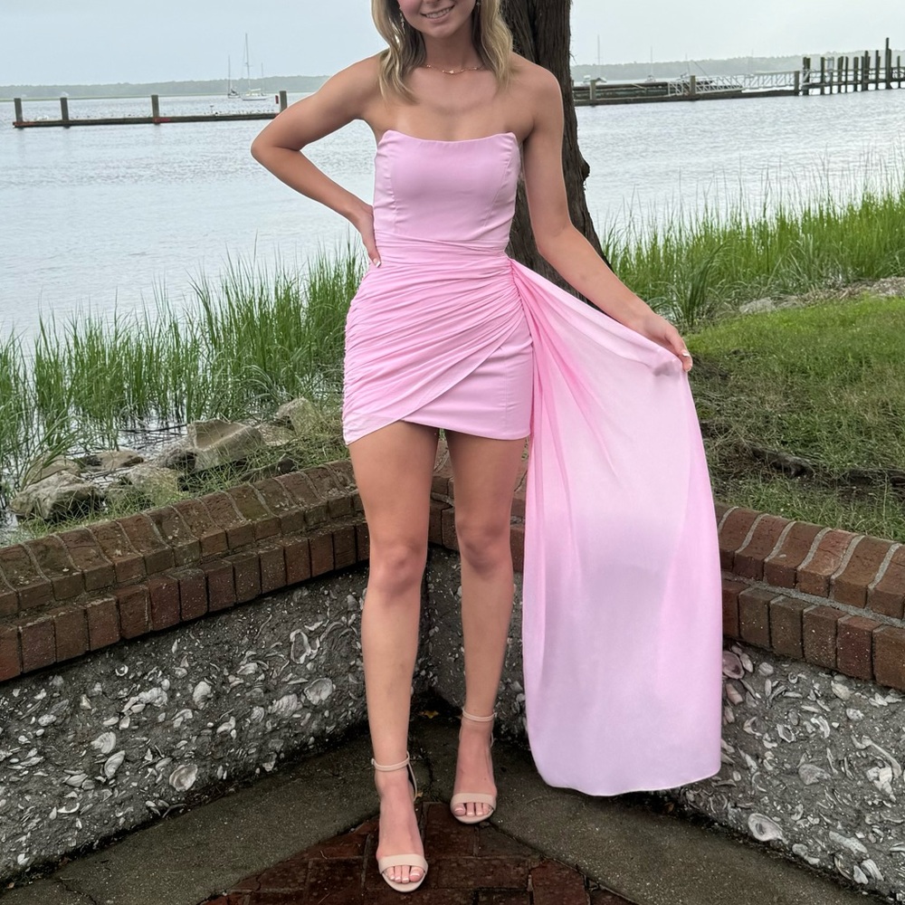 Lulu's Pink Asymmetrical Ruched Gown